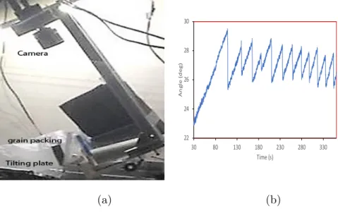 FIG. 1: (a) Experimental setup: view from the lateral camera: we can see the top camera moving with the tray, the pile of glass beads inside the small box with a white surface due to the light on top