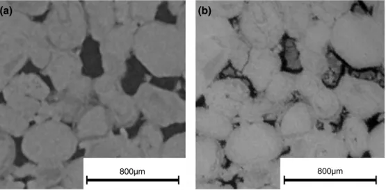 Figure 4. 2-D slice through 3-D XRMT image of the rock sample at z = 15.2 mm (a) before and (b) after the dissolution experiment displaying macropores ﬁ lled with microporous material.