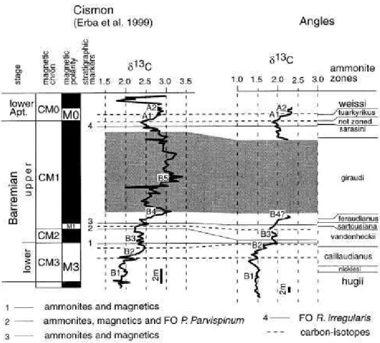 Figure 10. Le hiatus de la zone à Imerites giraudi, corrélation chemiostratigraphique entre  les coupes d’Angles et de Cismon d’après Wissler et al