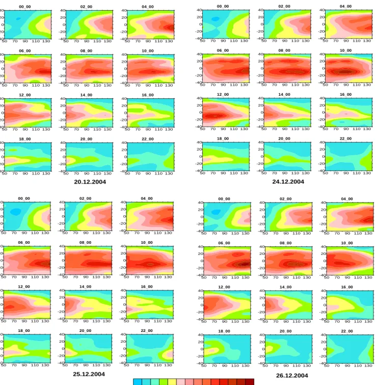 Fig. 2. TEC maps for 20, 24–26 December.