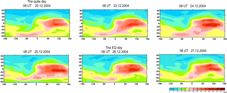 Fig. 3. Global TEC maps for the moment of maximal manifestation of equatorial anomaly for Indonesian region.