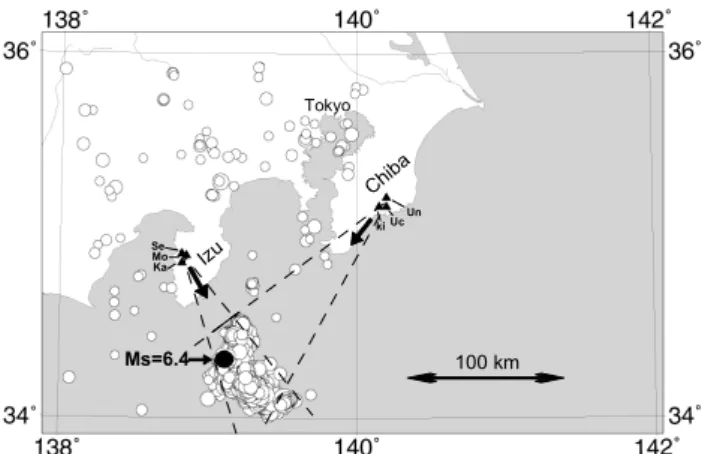 Fig. 1. Location of magnetic stations (black triangles) and seismic shock epicenters (circles)