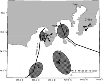 Fig. 1. Positions of geoelectric anomalies around Izu peninsula (Japan) defined by the phase-gradient method