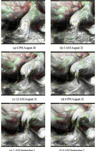 Fig. 1. A GMS satellite image and moisture vector (data: Korea Meteorological Administration) (a) 6 p.m