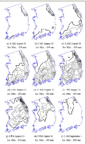 Fig. 3. The spatial distribution of rainfall of 6 h duration. (Iso. Interval: 20 mm) (a) 0 a.m