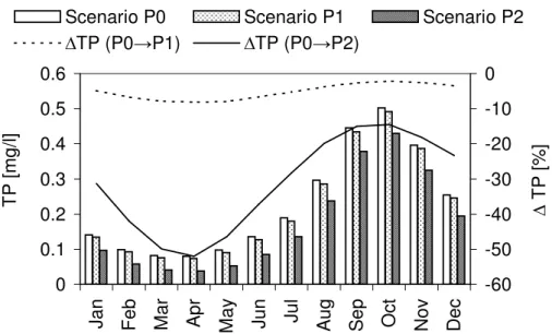 Fig. 8. Monthly averages of TP concentration (columns) at the downstream boundary of the studied river section (label 2 in Fig