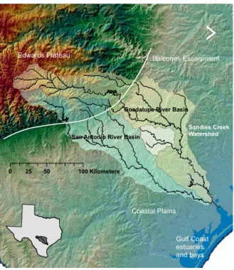 Fig. 1. Location of Guadalupe and San Antonio River basins of southcentral Texas and Sandies Creek watershed, a 1420 km 2 rural catchment of predominately oak and hickory woodlands, shrubland, and agricultural grasslands for grazing and hay production.