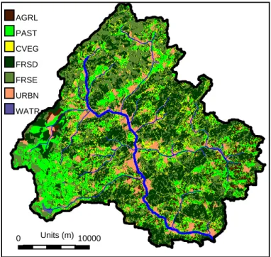 Fig. 1. Map of actual land-use in the Dill catchment based on LANDSAT TM5 data (N ¨ohles, 2000)