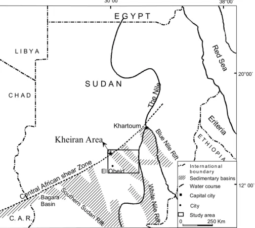 Fig. 1. The location of the study area within the Central Sudan Rift Basins, which are bounded on their north edges by the Central African Shear Zone