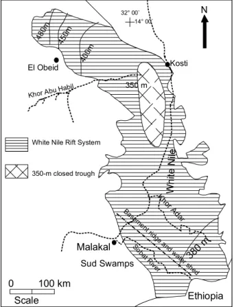 Fig. 4. The hydrogeology of the White Nile Rift System. The diagram shows the location of the closed hydrologic trough, through which discharge mechanism takes place