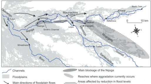 Fig. 6. Interpretation of flow system and its controls in the Nqoga distributary.