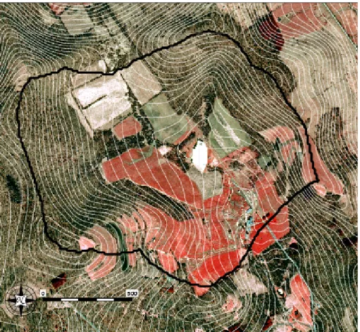 Figure 2.  Aerial photograph of the study watershed, with 5-m elevation contours.  EGU Black line indicates watershed boundary