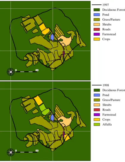 Fig. 1. Land uses and field boundaries for 1997 (top) and 1998 (bottom).
