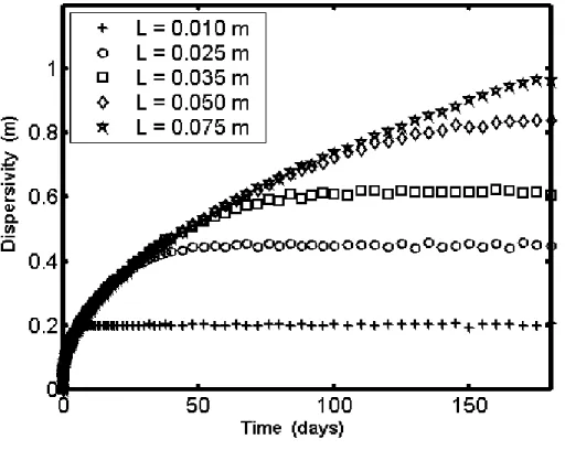 Fig. 3. Temporal variation of dispersivity with 2b=100 µm; V f =0.5 m/d; α L =0.05 m; θ m =0.1;