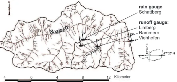 Fig. 1. Map of the nested study area of the upper Saalach basin: upper Saalach (150 km 2 , gauge Viehhofen), L ¨ohnersbach (15.5 km 2 , gauge Rammern), and Limberg (0.07 km 2 , gauge Limberg).