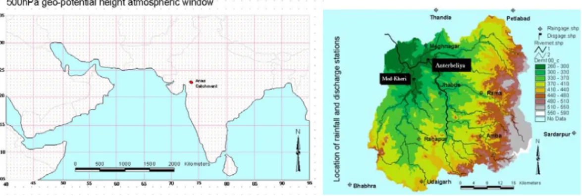 Figure 1 Location of Anas catchment (dark red) in atmospheric circulation window (05°N 40°E  and 35°N 95°E) at 5° x 5° grid selected over Indian ocean for rainfall downscaling