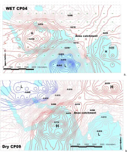 Figure 3: Spatial distribution of 500hPa geo-potential height anomalies for the wet  CP04 and the dry CP09 types