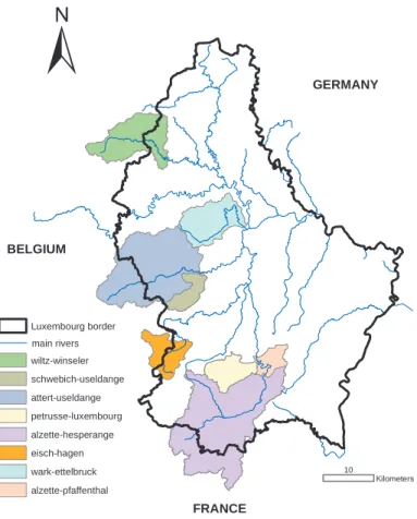 Fig. 1. Location of the subcatchments in the Grand-Duchy of Luxembourg.
