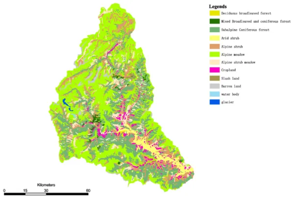 Fig. 4. Vegetation types and distribution in the Heishui Valley Western Sichuan, China, based on Landsat TM satellite imagery.