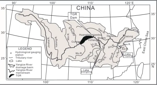 Fig. 1. Location map of the Three Gorges Reservoir (TGR) in the Yangtze River drainage basin, major tributaries, interior lakes, and hydrological gauging stations.