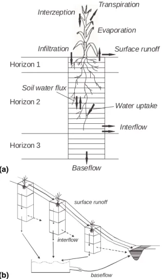 Fig. 3. (a) Model concept of SIMULAT. (b) Modification of SIMULAT to the hillslope version
