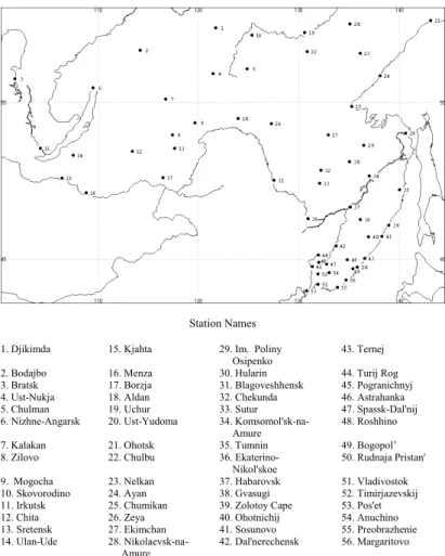 Fig. 1. The locations of 56 stations where temperature and precipitation was measured over Eastern Siberia and the Far East from 1949 to 2003.