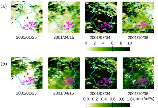 Fig. 4. Seasonal variation in MODIS LAI and FPAR images at 1km mesh in 2001 (image areas: 43 ◦ 00 0 N–43 ◦ 45 0 N, 144 ◦ 00 0 E–144 ◦ 45 0 E), (a) LAI-Image from MODIS-Data, (b)  FPAR-Image from MODIS-Data