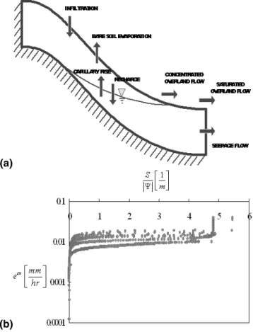 Fig. 4. (a) Hillslope setting for developing closure relation for seepage flux, using CATFLOW simulation; and (b) the best candidate for the seepage flux closure relation.