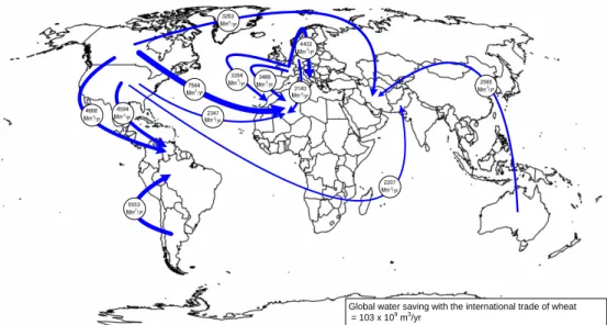 Fig. 9. Global water savings (&gt;2.0 Gm 3 /yr) associated with the international trade of wheat.