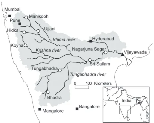 Fig. 1. Map of the Krishna river basin with its main tributaries, major cities and the discharge gauging station at Vijayawada (triangle) at the lower end of the river