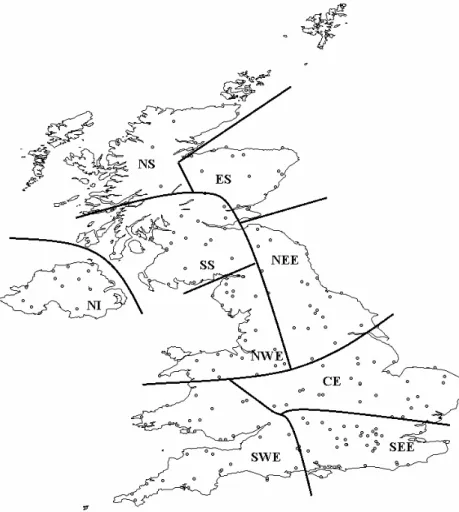 Figure 1.  The homogenous climate regions (adapted from Gregory et al., 1991) and  the location of the meteorological stations providing hourly data 
