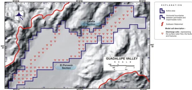 Fig. 6. Cell location representing discharge cell by the surface water flow, as wells as the faults and fractures used as discharge cells assigned in the groundwater flow model of the Guadalupe Valley.