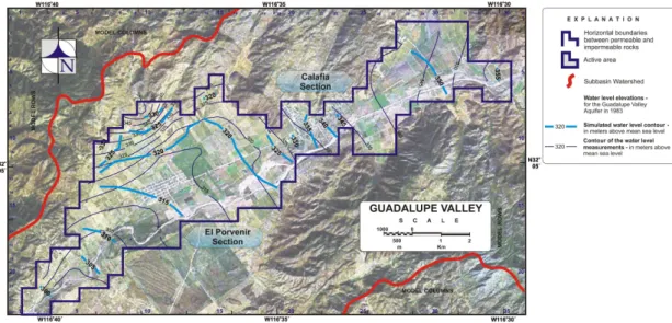 Fig. 9. Simulated hydraulic head that yield the best fit with the measured water table elevation for the Guadalupe Valley Aquifer in 1983.