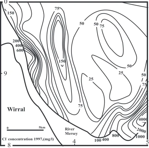 Fig. 4. Chloride concentration (mg/l) in groundwater in Merseyside UK for 1997.