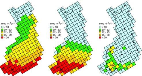 Fig. 3. Average annual deposition of sulphate (left), oxidised nitrogen (centre) and reduced nitrogen (right) in the year 2000 on the EMEP50 grid (Note: 1 meq equals 16 mg of S or 14 mg of N)