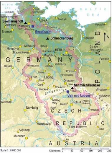 Fig. 2. Elbe river basin with main gauging stations (triangles) and fish passes (squares) (based on http://www.grid.unep.ch/product/publication/freshwater europe/images/map9.jpg (24 April 2007)).