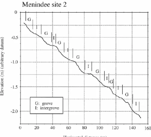 Figure 6 : ( a) Schematic diagram of the microtopographic profile (continuous line), vegetation  (dashed line) and surface water redistribution (curved arrows) that arises (self-organizing) from our  model