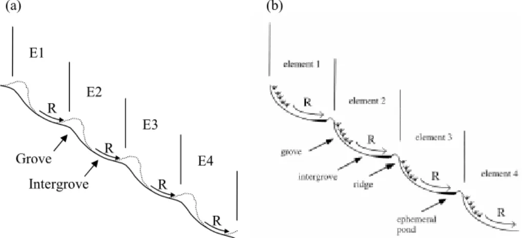 Figure 6 : ( a) Schematic diagram of the microtopographic profile (continuous line), vegetation  (dashed line) and surface water redistribution (curved arrows) that arises (self-organizing) from our  model
