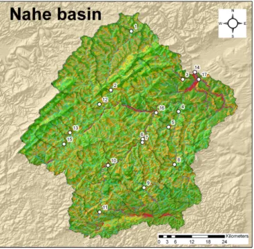 Fig. 2b. Preliminary hydrological soil processes map of the Nahe basin and its 16 sub-basins (after Steinr ¨ucken et al., 2006)