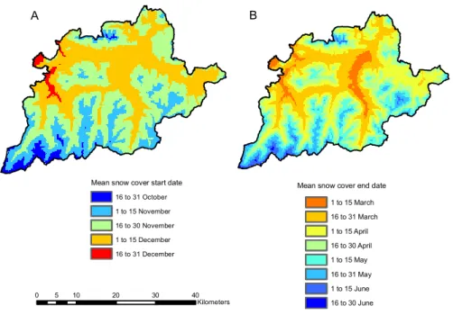 Fig. 4. Interpolated raster datasets (resolution 250 m × 250 m) mean snow cover start date (SCOV6190 S) (A) and mean snow cover end date (SCOV6190 E) (B) for the World  Meteoro-logical Organization’s climate normal period from 1961 to 1990.