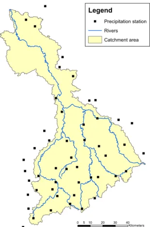 Fig. 3. Locations of the 49 precipitation stations in and around the study area.