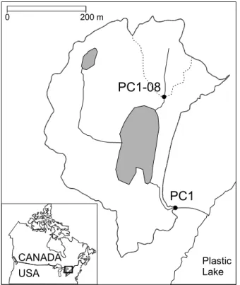 Fig. 1. Map of Plastic Lake gauged catchment No. 1 (PC1, 23.3 ha) showing the gauged sub- sub-catchment (PC1-08, 3.5 ha; broken line) and wetland areas (principal swamp is 2.2 ha; grey).