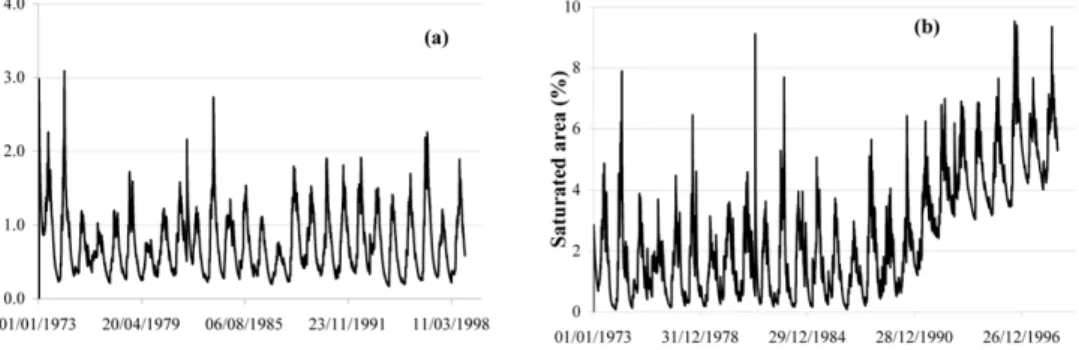 Fig. 8. Variable contributing saturated areas: (a) Ernies, (b) Lemon catchments 