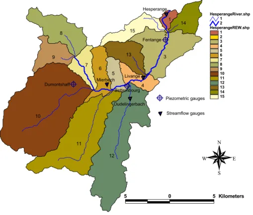 Fig. 3. Delineation of the REWs for the Hesperange catchment and distribution of the gauging stations.