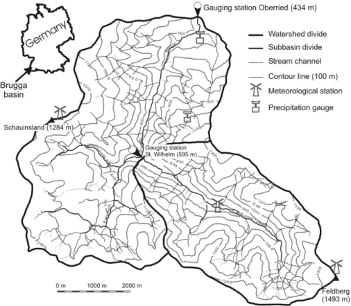 Fig. 1. The investigated catchments Brugga and St. Wilhelmer Talbach and its instrumentation network.