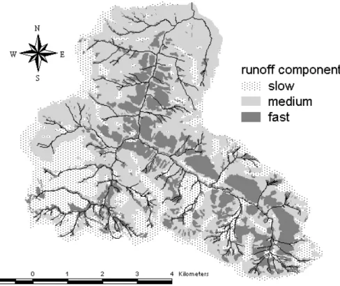 Fig. 2. Simplified spatial distribution of dominant runoff generation areas: 1=Base flow, 2=In- 2=In-terflow (delayed runoff), 3=surface and near surface runoff (fast runoff).