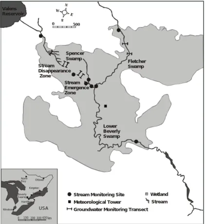 Fig. 1. Location of the study site within Ontario (inset) and sampling locations within Beverly Swamp.