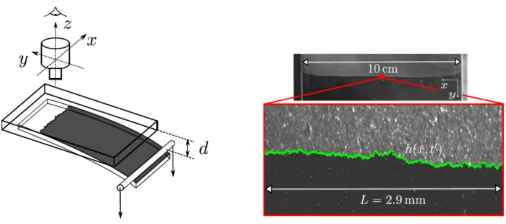 Figure 1. Left: Sketch of the experimental setup. Two initially sand-blasted and sintered PMMA plates create a weak heterogeneous interface, where a fracture – initiated by lowering a cylindrical press bar onto the lower plate – propagates.