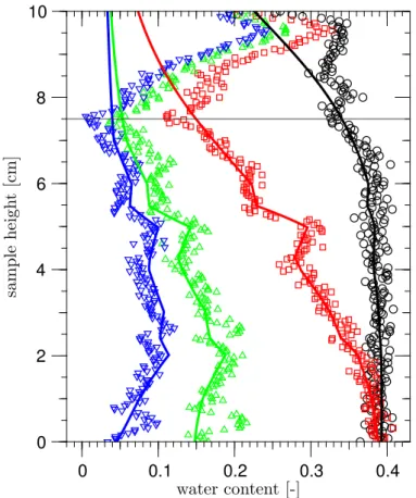 Fig. 5. Measured (symbols) and simulated (solid lines) vertical water content profiles assuming a heterogenous sample