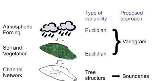 Fig. 1. Atmospheric forcing and soil and vegetation contribute to the runoff generation process locally and can be represented by point variograms